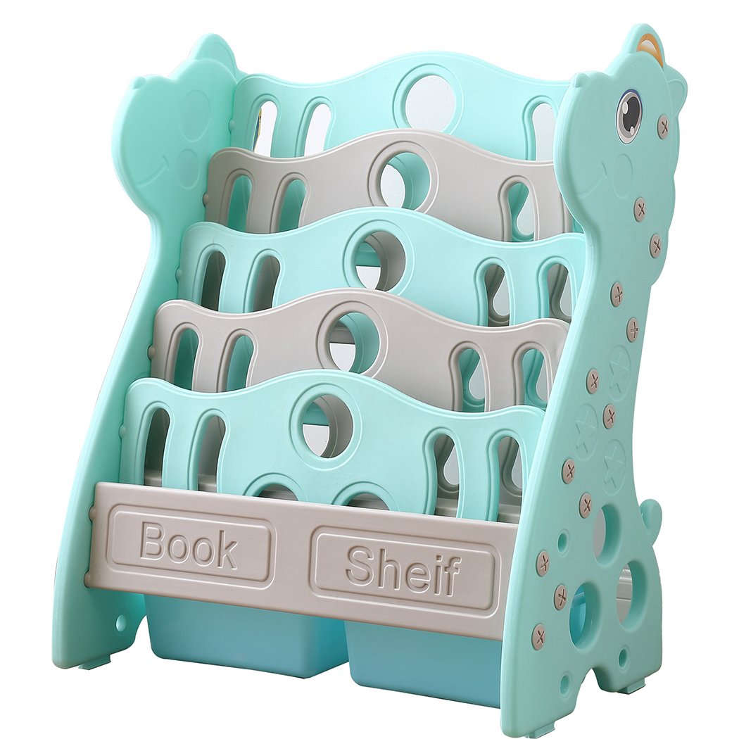 BoPeep Kids Bookshelf featuring a vibrant giraffe design with four deep shelves for children's books, made from safe polyethylene material.